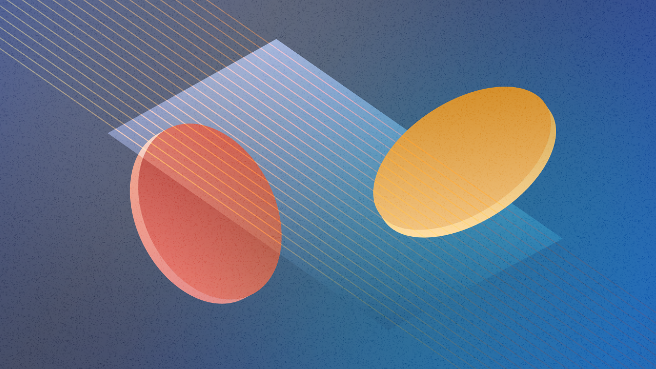 A blue background featuring two distinct circles, one in red and the other in yellow.